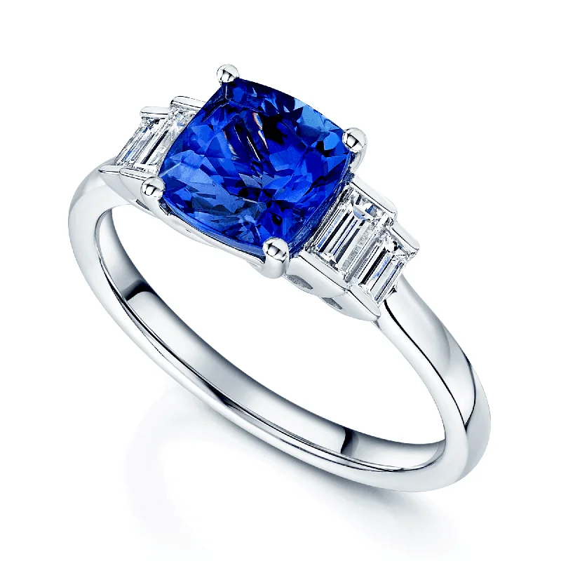 Men's Tanzanite Engagement Rings in Palladium with a Three - Stone ArrangementPlatinum Tanzanite And Baguette Diamond Five Stone Ring Men's Tanzanite Engagement Rings in Palladium with a Three - Stone ArrangementPlatinum Tanzanite And Baguette Diamond Five Stone Ring