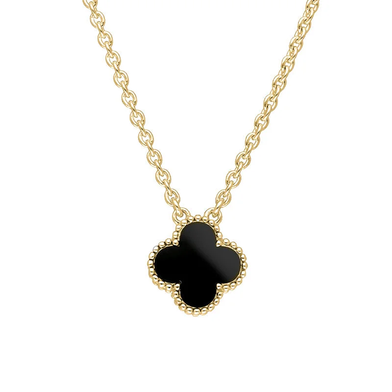 Figaro chain necklaces features18ct Yellow Gold Whitby Jet Bloom Small Four Leaf Clover Ball Edge Chain Necklace Figaro chain necklaces features18ct Yellow Gold Whitby Jet Bloom Small Four Leaf Clover Ball Edge Chain Necklace