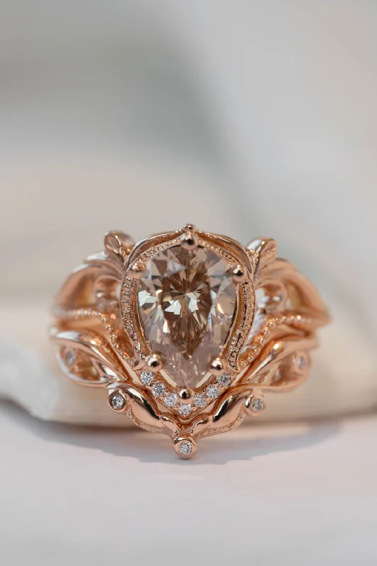 Men's Tanzanite Engagement Rings in Palladium with a Three - Stone ArrangementChampagne diamond rose gold engagement ring set, vintage inspired bridal ring set with diamonds / Lida