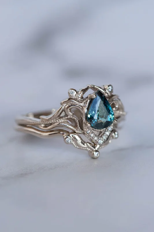 Men's Topaz Engagement Rings in 10K Gold with a Channel - Set Diamond BandTeal sapphire bridal ring set, white gold engagement ring set with diamonds / Lida small Men's Topaz Engagement Rings in 10K Gold with a Channel - Set Diamond BandTeal sapphire bridal ring set, white gold engagement ring set with diamonds / Lida small