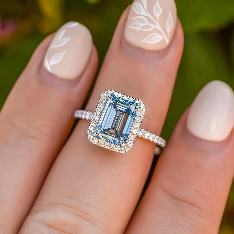 Men's Malachite Engagement Rings in 14K Gold with a Carved Stone CenterpieceHalo Emerald Cut Light Aquamarine Blue Sterling Silver Engagement Ring
