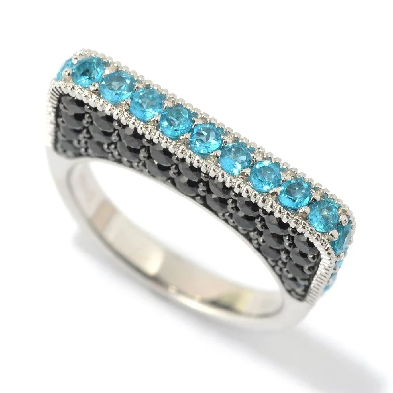 Sapphire Gemstone Rings in 18K White Gold with Diamond Accents for an Elegant EngagementSS/ 2.7ctw Neon Apatite & Black Spinel Flat Top Stack Band Ring Sapphire Gemstone Rings in 18K White Gold with Diamond Accents for an Elegant EngagementSS/ 2.7ctw Neon Apatite & Black Spinel Flat Top Stack Band Ring
