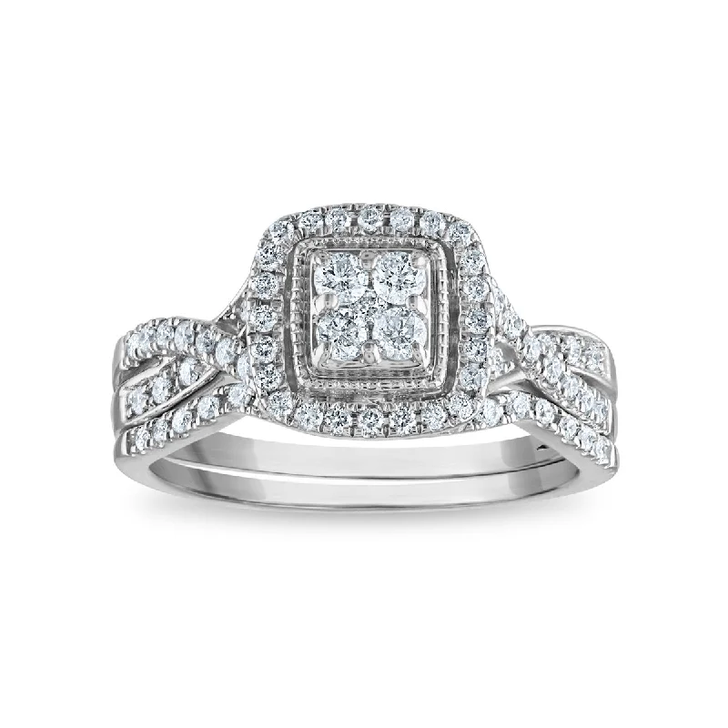 Men's Tanzanite Engagement Rings in Palladium with a Three - Stone Arrangement1/2 CTW Diamond Halo Bridal Set in 10KT White Gold Men's Tanzanite Engagement Rings in Palladium with a Three - Stone Arrangement1/2 CTW Diamond Halo Bridal Set in 10KT White Gold