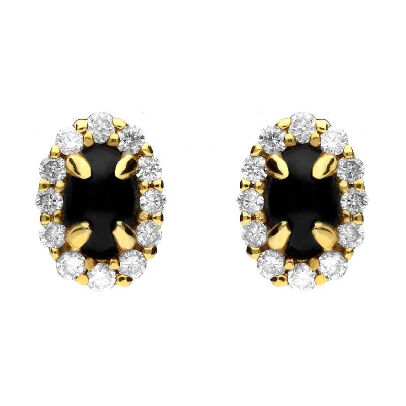 18ct Yellow Gold Whitby Jet 0.23ct Diamond Oval Earrings D