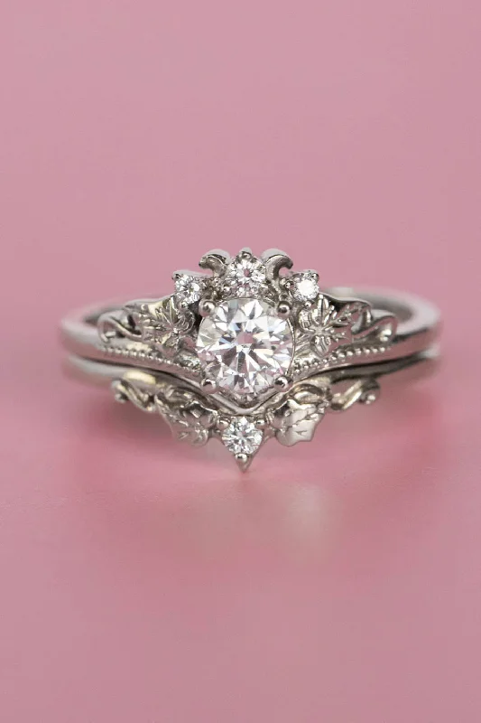 Men's Emerald Engagement Rings with 14K Yellow Gold and Vintage - Style FiligreeLab grown diamonds engagement ring set, white gold leaves bridal ring set / Ariadne