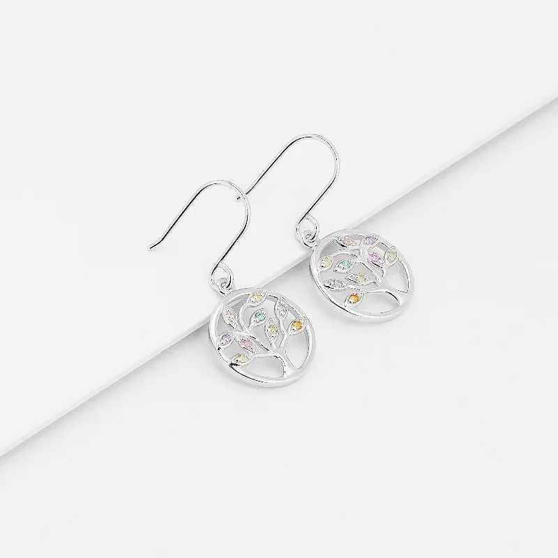 Sterling Silver Coloured Zirconia Tree of Life Drop Earrings