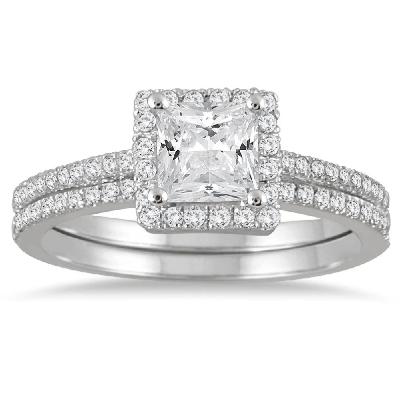 1 1/6 Carat TW Halo Princess Cut Diamond Bridal Set in 14K White Gold