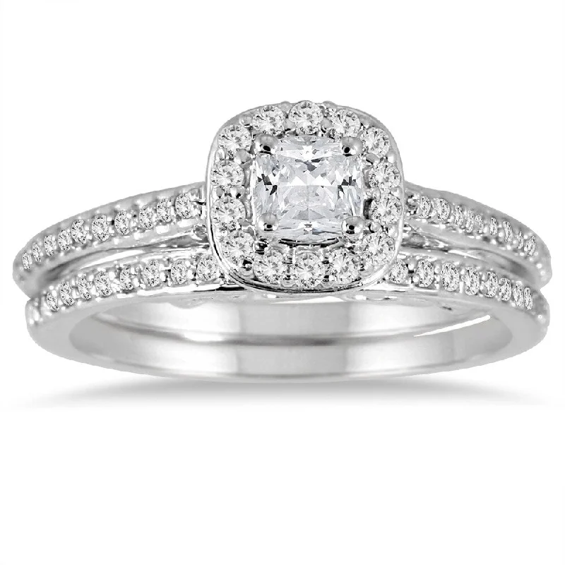 3/4 Carat TW Cushion Cut Diamond Halo Bridal Set in 14K White Gold