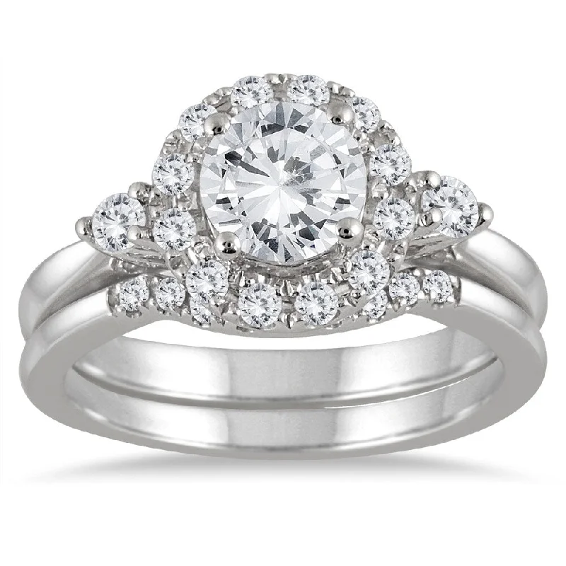 AGS Certified 1 1/2 Carat TW Halo Diamond Halo Bridal Set in 14K White Gold (J-K Color, I2-I3 Clarity) AGS Certified 1 1/2 Carat TW Halo Diamond Halo Bridal Set in 14K White Gold (J-K Color, I2-I3 Clarity)