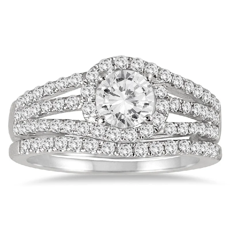 AGS Certified 1 1/2 Carat TW Halo Twist Diamond Bridal Set in 14K White Gold (J-K Color, I2-I3 Clarity) AGS Certified 1 1/2 Carat TW Halo Twist Diamond Bridal Set in 14K White Gold (J-K Color, I2-I3 Clarity)