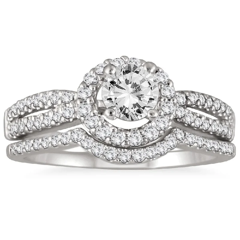 AGS Certified 1 1/5 Carat TW Diamond Halo Bridal Set in 14K White Gold (J-K Color, I2-I3 Clarity) AGS Certified 1 1/5 Carat TW Diamond Halo Bridal Set in 14K White Gold (J-K Color, I2-I3 Clarity)