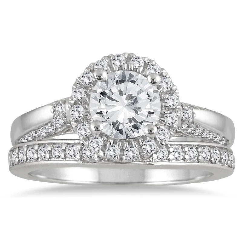 AGS Certified 1 2/3 Carat TW Diamond Halo Bridal Set in 14K White Gold (J-K Color, I2-I3 Clarity) AGS Certified 1 2/3 Carat TW Diamond Halo Bridal Set in 14K White Gold (J-K Color, I2-I3 Clarity)