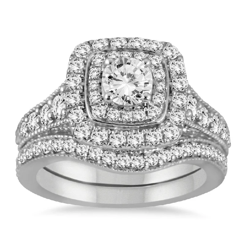AGS Certified 1 3/8 Carat TW Diamond Halo Bridal Set in 14K White Gold (J-K Color, I2-I3 Clarity) AGS Certified 1 3/8 Carat TW Diamond Halo Bridal Set in 14K White Gold (J-K Color, I2-I3 Clarity)