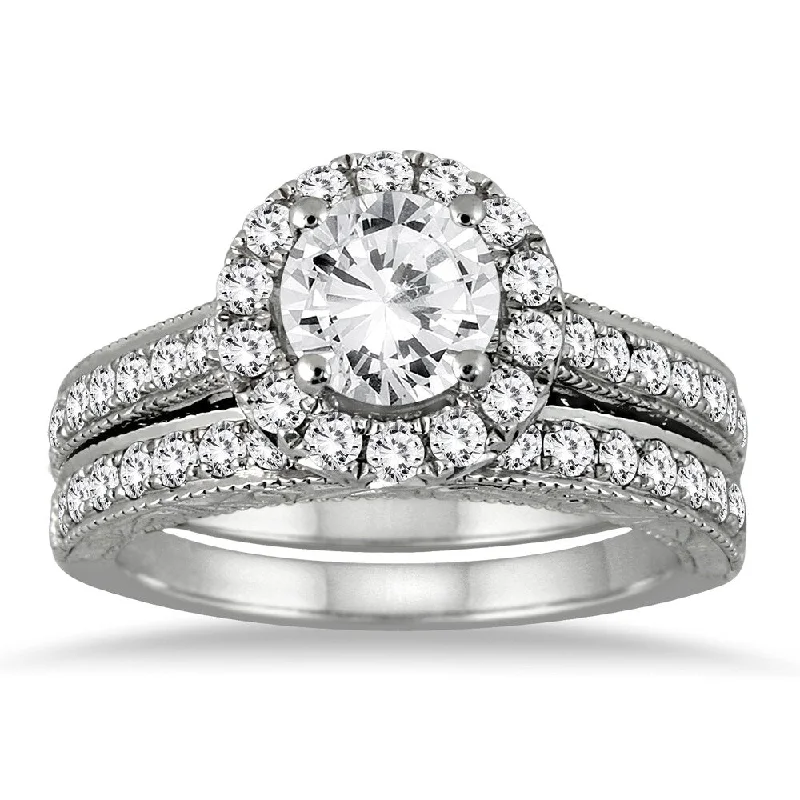 AGS Certified 2 Carat TW Diamond Halo Bridal Set in 14K White Gold (J-K Color, I2-I3 Clarity) AGS Certified 2 Carat TW Diamond Halo Bridal Set in 14K White Gold (J-K Color, I2-I3 Clarity)