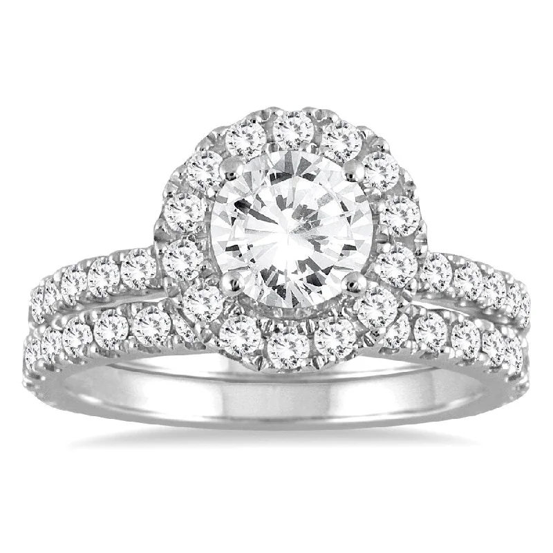 AGS Certified 2 Carat TW Diamond Halo Bridal Set in 14K White Gold (J-K Color, I2-I3 Clarity) AGS Certified 2 Carat TW Diamond Halo Bridal Set in 14K White Gold (J-K Color, I2-I3 Clarity)
