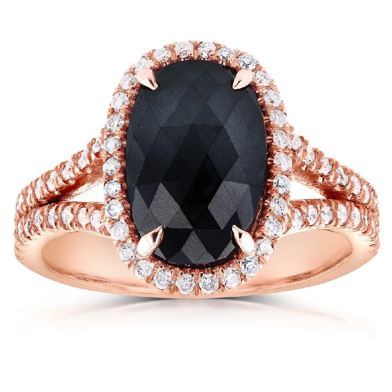 Annello by Kobelli 14k Rose Gold 3 3/5ct TDW Black and White Diamond Split Shank Oval Halo Ring Annello by Kobelli 14k Rose Gold 3 3/5ct TDW Black and White Diamond Split Shank Oval Halo Ring