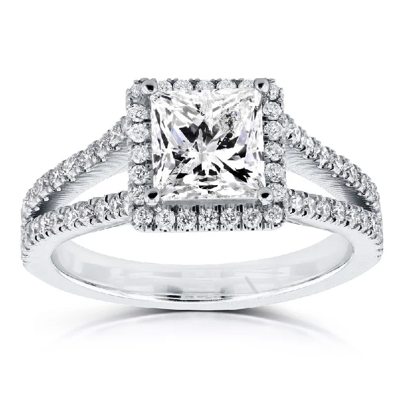 Annello by Kobelli 14k White Gold Certified 2 1/4ct TDW Princess Diamond Halo Long Split Shank Ring Annello by Kobelli 14k White Gold Certified 2 1/4ct TDW Princess Diamond Halo Long Split Shank Ring
