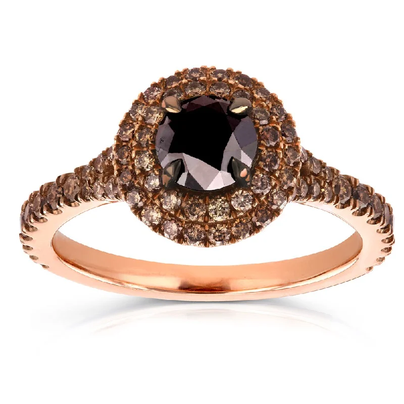 Annello by Kobelli 18k Rose Gold 1 1/2ct TDW Round Black and Champagne Diamond Double Halo Ring Annello by Kobelli 18k Rose Gold 1 1/2ct TDW Round Black and Champagne Diamond Double Halo Ring