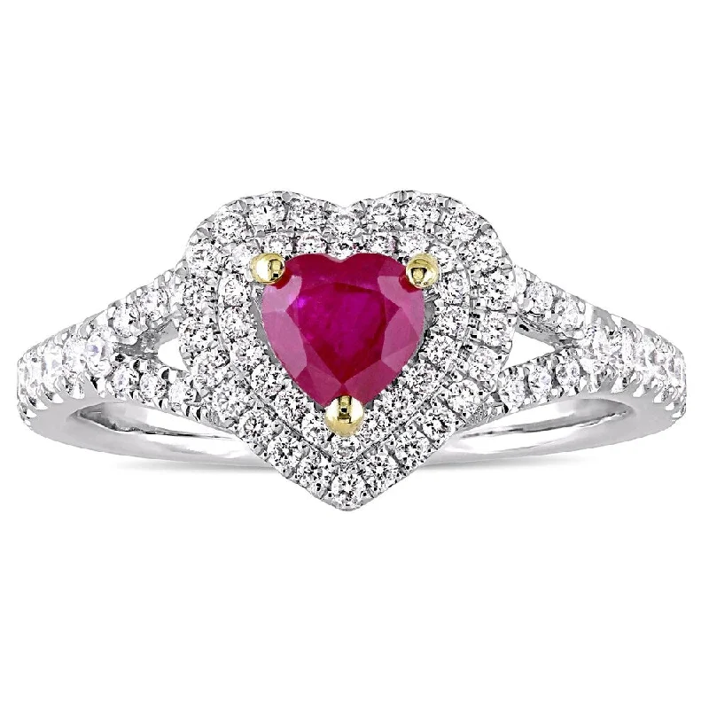Miadora 14k White Gold with Yellow Prongs Ruby and 2/5ct TDW Diamond Heart Double Halo Ring Miadora 14k White Gold with Yellow Prongs Ruby and 2/5ct TDW Diamond Heart Double Halo Ring