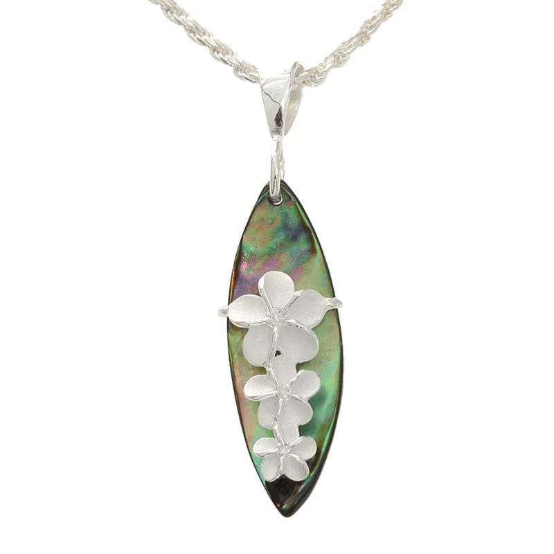 Religious cross pendants for faith-based jewelrySterling Silver Plumeria with CZ and Abalone Shell Surfboard Pendant (Chain Sold Separately) Religious cross pendants for faith-based jewelrySterling Silver Plumeria with CZ and Abalone Shell Surfboard Pendant (Chain Sold Separately)