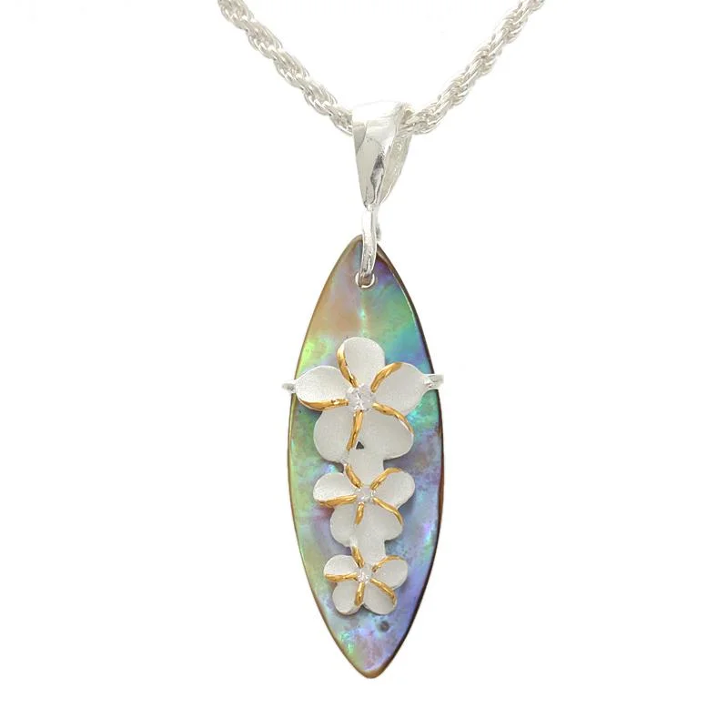 Star-shaped pendants for dreamersSterling Silver Two Tone Yellow Gold Plated Plumeria with CZ and Abalone Shell Surfboard Pendant (Chain Sold Separately) Star-shaped pendants for dreamersSterling Silver Two Tone Yellow Gold Plated Plumeria with CZ and Abalone Shell Surfboard Pendant (Chain Sold Separately)