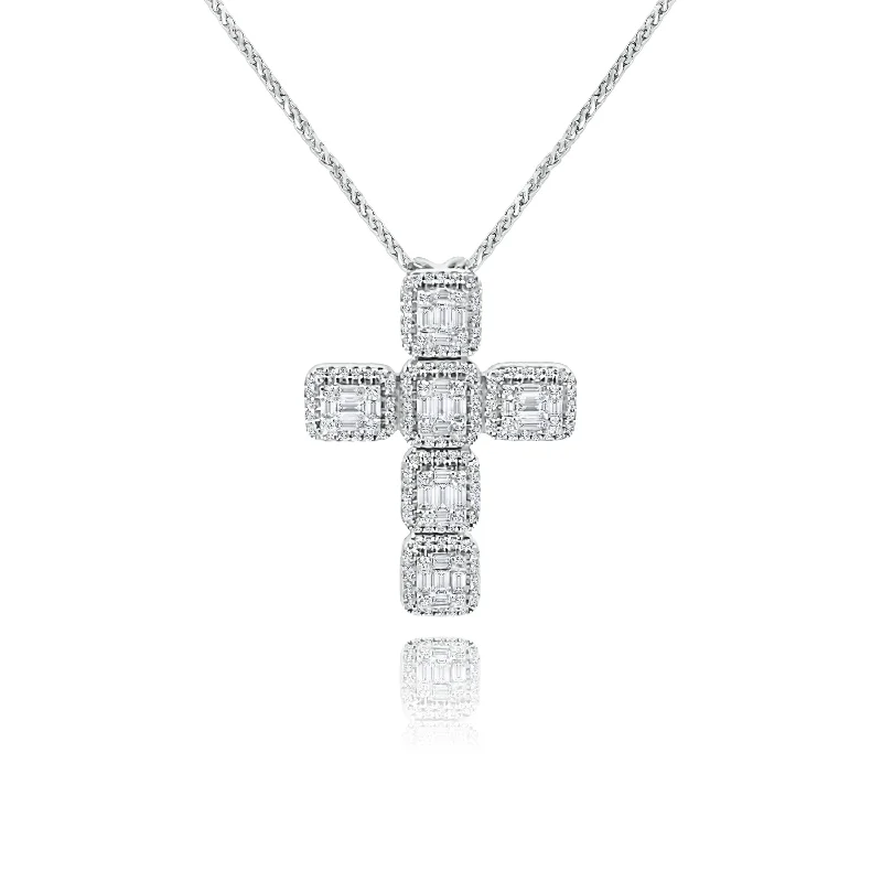 Diamond-cut chain necklaces for eleganceBaguette Diamonds & brilliant cut Diamonds "Josefin" Cross Pendent. Diamond-cut chain necklaces for eleganceBaguette Diamonds & brilliant cut Diamonds "Josefin" Cross Pendent.