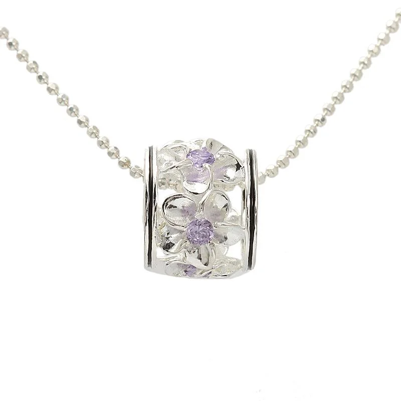 Birth flower pendants for unique styleSterling Silver Plumeria with Purple CZ Black Border Barrel Pendant (Chain Sold Separately) Birth flower pendants for unique styleSterling Silver Plumeria with Purple CZ Black Border Barrel Pendant (Chain Sold Separately)