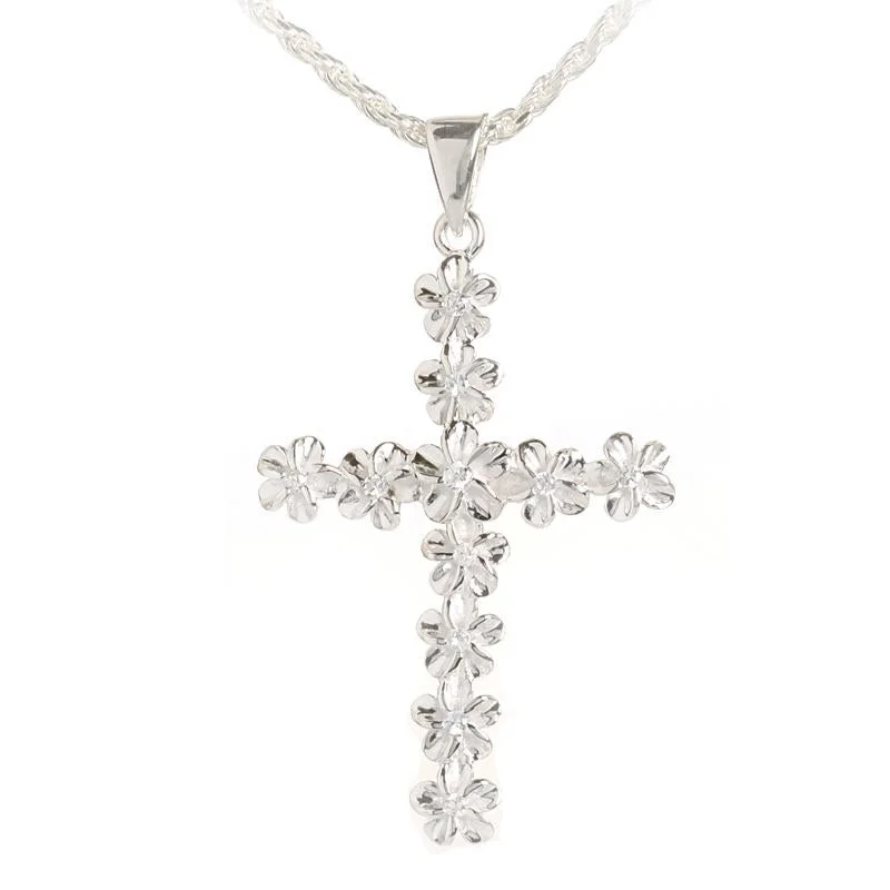 Birth flower pendants for unique styleSterling Silver 11 Plumeria with CZ High Polish Finish Cross Pendant (Chain Sold Separately) Birth flower pendants for unique styleSterling Silver 11 Plumeria with CZ High Polish Finish Cross Pendant (Chain Sold Separately)