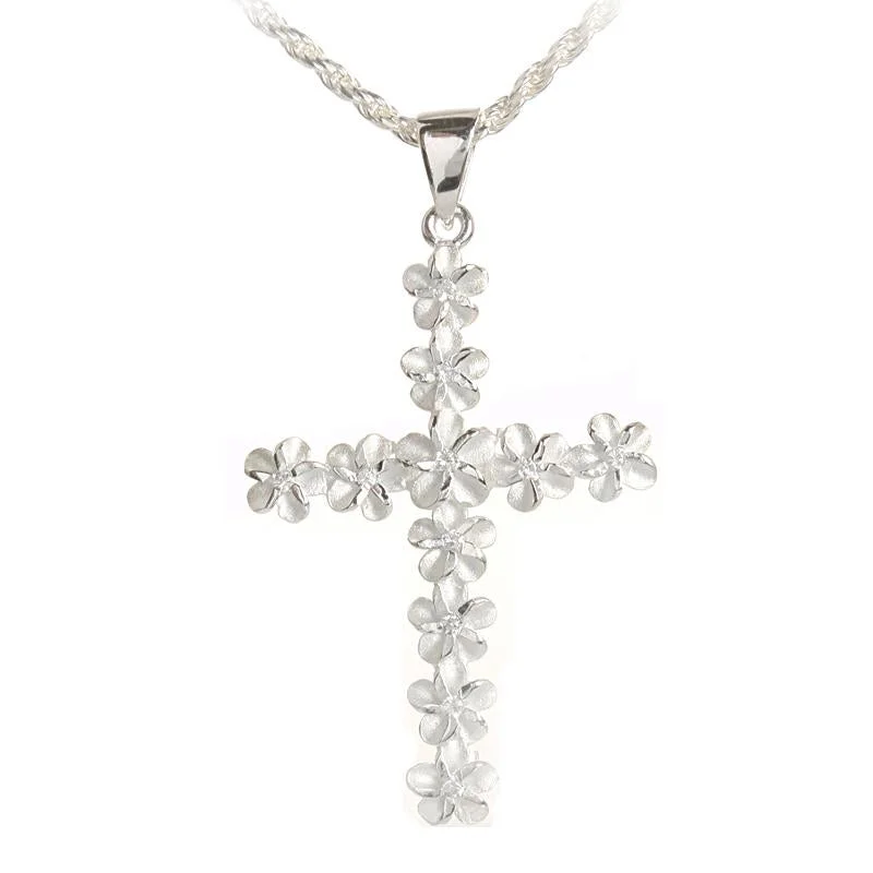 Initial letter necklaces for personalized styleSterling Silver 11 Plumeria with CZ Sandblast Finish Cross Pendant (Chain Sold Separately) Initial letter necklaces for personalized styleSterling Silver 11 Plumeria with CZ Sandblast Finish Cross Pendant (Chain Sold Separately)