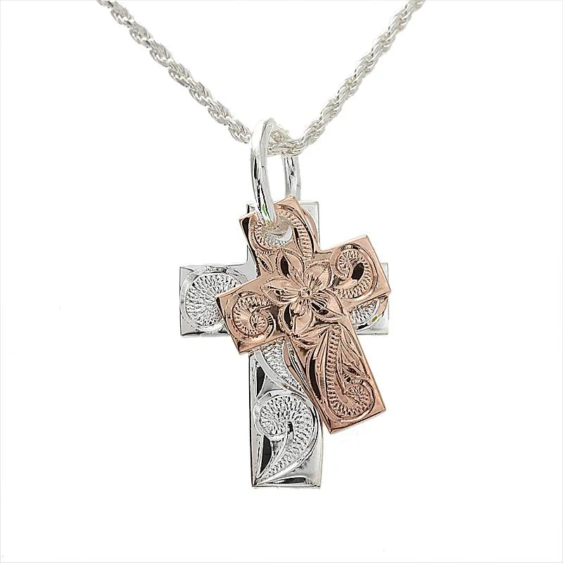 Star-shaped pendants for dreamersSterling Silver Two Tone Pink Gold Plated Hawaiian Scroll Double Cross Pendant (Chain Sold Separately) Star-shaped pendants for dreamersSterling Silver Two Tone Pink Gold Plated Hawaiian Scroll Double Cross Pendant (Chain Sold Separately)
