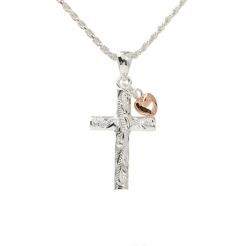 Minimalist pendant necklaces for bridesmaidsSterling Silver Hawaiian Scroll Cross with Pink Gold Plated Heart Pendant (Chain Sold Separately Minimalist pendant necklaces for bridesmaidsSterling Silver Hawaiian Scroll Cross with Pink Gold Plated Heart Pendant (Chain Sold Separately