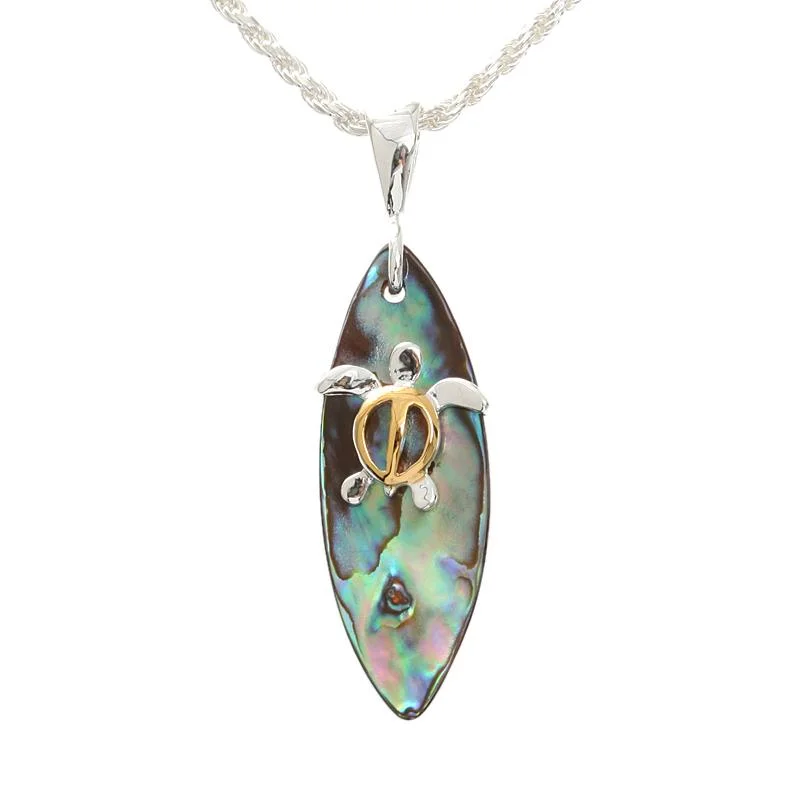 Stainless steel pendants for durabilitySterling Silver Two Tone Yellow Gold Plated Honu (Turtle) and Abalone Shell Surfboard Pendant (Chain Sold Separately) Stainless steel pendants for durabilitySterling Silver Two Tone Yellow Gold Plated Honu (Turtle) and Abalone Shell Surfboard Pendant (Chain Sold Separately)