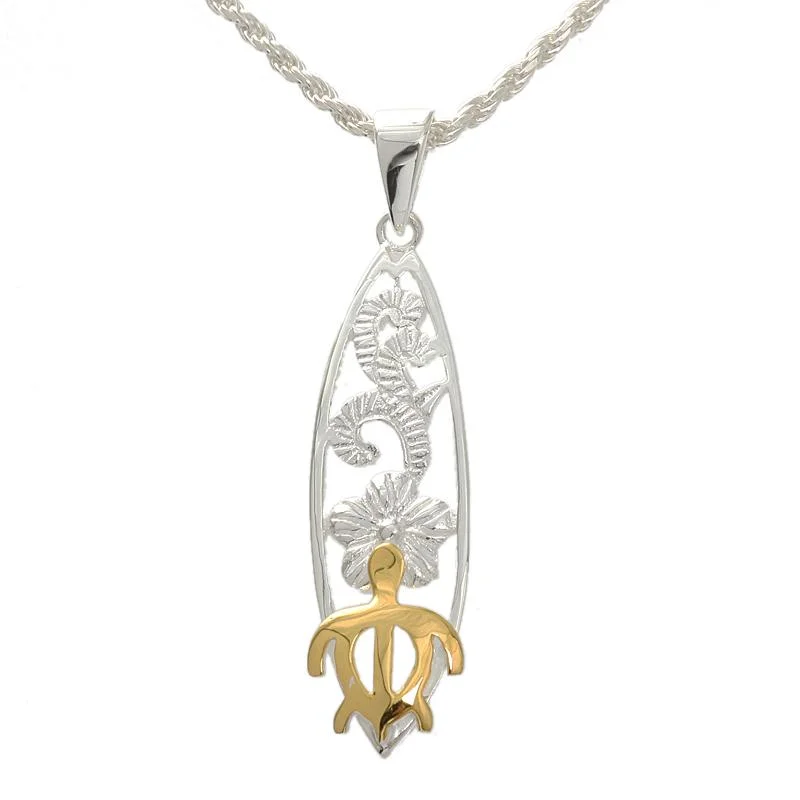 Rose gold necklaces for modern trendsSterling Silver Two Tone Yellow Gold Plated Hawaiian Scroll and Honu (Turtle) Surfboard Pendant (Chain Sold Separately) Rose gold necklaces for modern trendsSterling Silver Two Tone Yellow Gold Plated Hawaiian Scroll and Honu (Turtle) Surfboard Pendant (Chain Sold Separately)