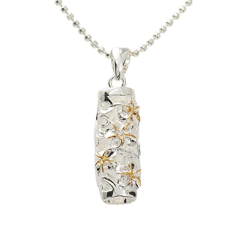 Custom fingerprint pendants for sentimental giftsSterling Silver Two Tone Yellow Gold Plated Hawaiian Scroll Plumeria Tube Pendant (Chain Sold Separately) Custom fingerprint pendants for sentimental giftsSterling Silver Two Tone Yellow Gold Plated Hawaiian Scroll Plumeria Tube Pendant (Chain Sold Separately)