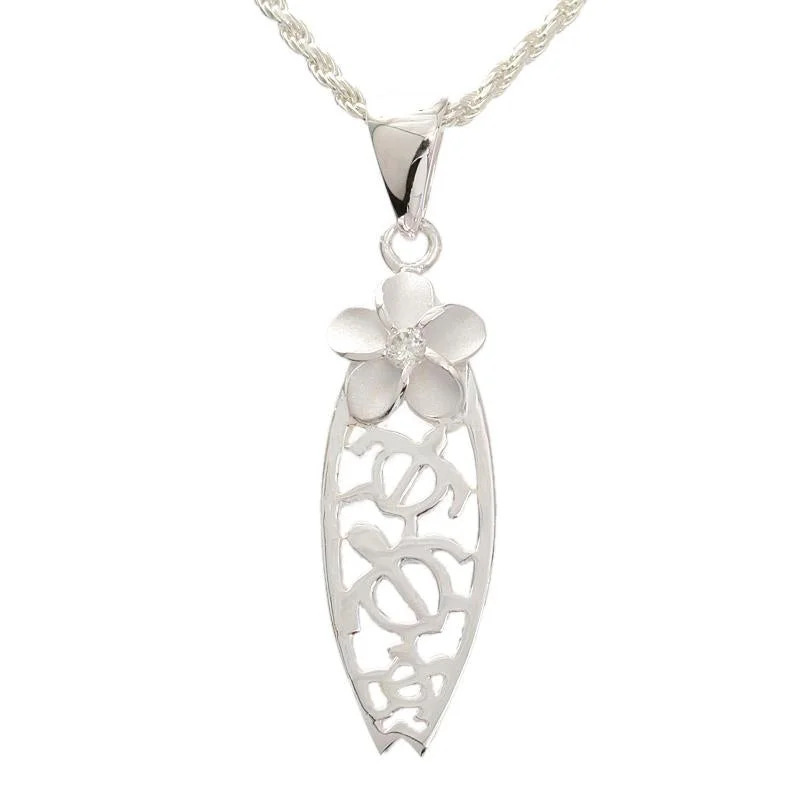 Boho-style beaded necklaces for summerSterling Silver Plumeria with CZ and 3 Honu (Hawaiian Turtle) Surfboard Pendant (Chain Sold Separately) Boho-style beaded necklaces for summerSterling Silver Plumeria with CZ and 3 Honu (Hawaiian Turtle) Surfboard Pendant (Chain Sold Separately)