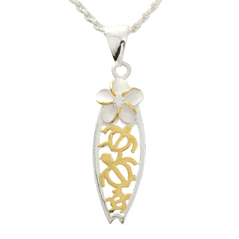 Zodiac sign pendants for astrology loversSterling Silver Two Tone Yellow Gold Plated Plumeria with CZ and 3 Honu (Turtle) Surfboard Pendant (Chain Sold Separately) Zodiac sign pendants for astrology loversSterling Silver Two Tone Yellow Gold Plated Plumeria with CZ and 3 Honu (Turtle) Surfboard Pendant (Chain Sold Separately)