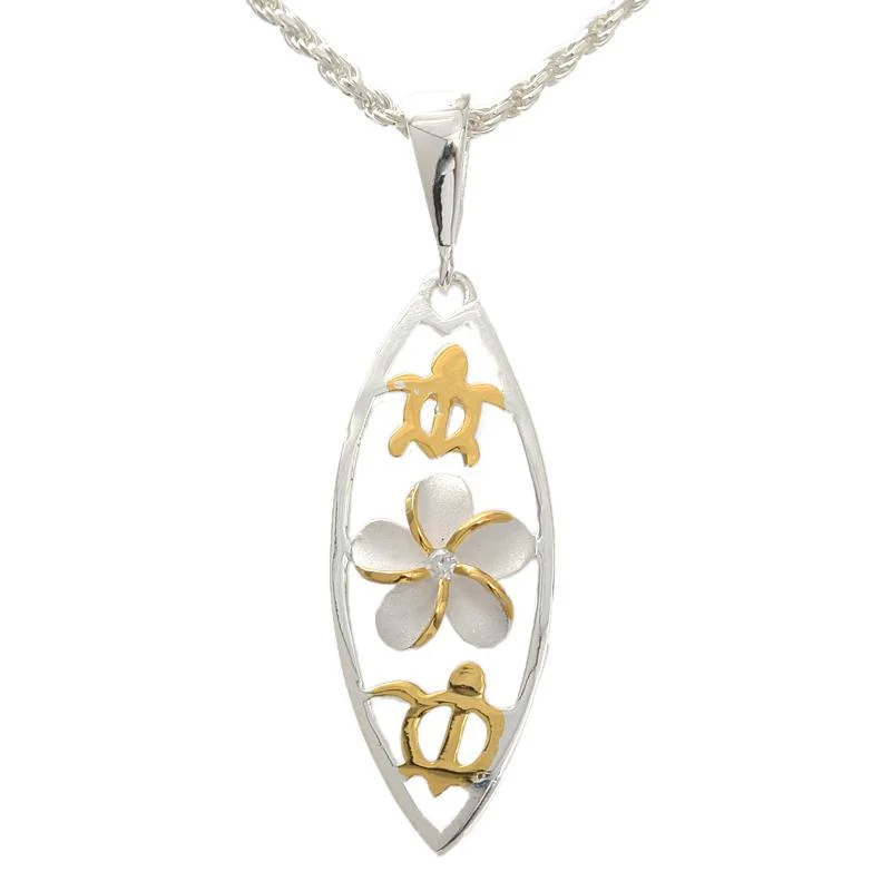 Birth flower pendants for unique styleSterling Silver Two Tone Yellow Gold Plated Plumeria with CZ and 2 Honu (Turtle) Surfboard Pendant (Chain Sold Separately) Birth flower pendants for unique styleSterling Silver Two Tone Yellow Gold Plated Plumeria with CZ and 2 Honu (Turtle) Surfboard Pendant (Chain Sold Separately)