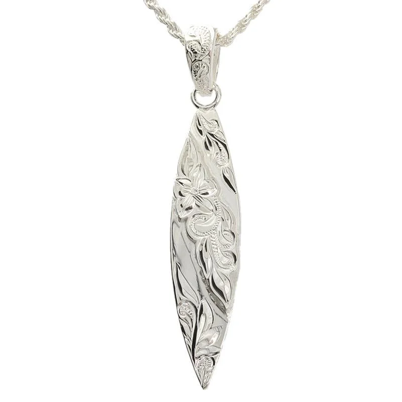 Stainless steel pendants for durabilitySterling Silver Raised Hawaiian Scroll Surfboard Pendant (Chain Sold Separately) Stainless steel pendants for durabilitySterling Silver Raised Hawaiian Scroll Surfboard Pendant (Chain Sold Separately)