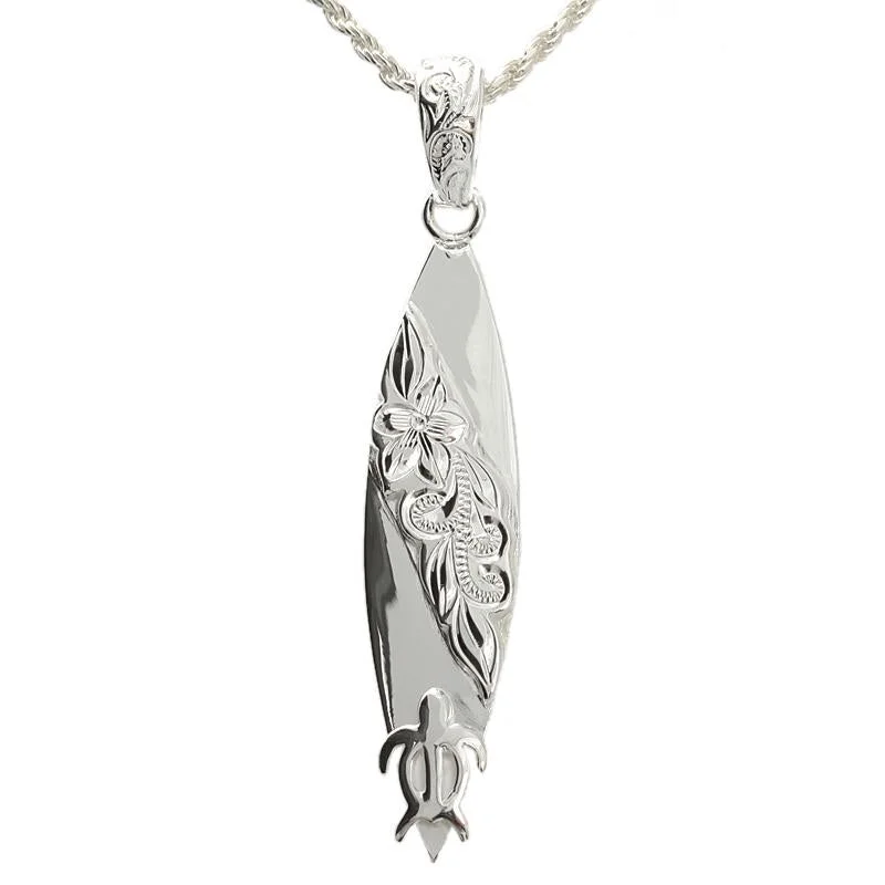 Personalized name necklaces for womenSterling Silver Raised Hawaiian Scroll and Honu (Turtle) Surfboard Pendant (Chain Sold Separately) Personalized name necklaces for womenSterling Silver Raised Hawaiian Scroll and Honu (Turtle) Surfboard Pendant (Chain Sold Separately)