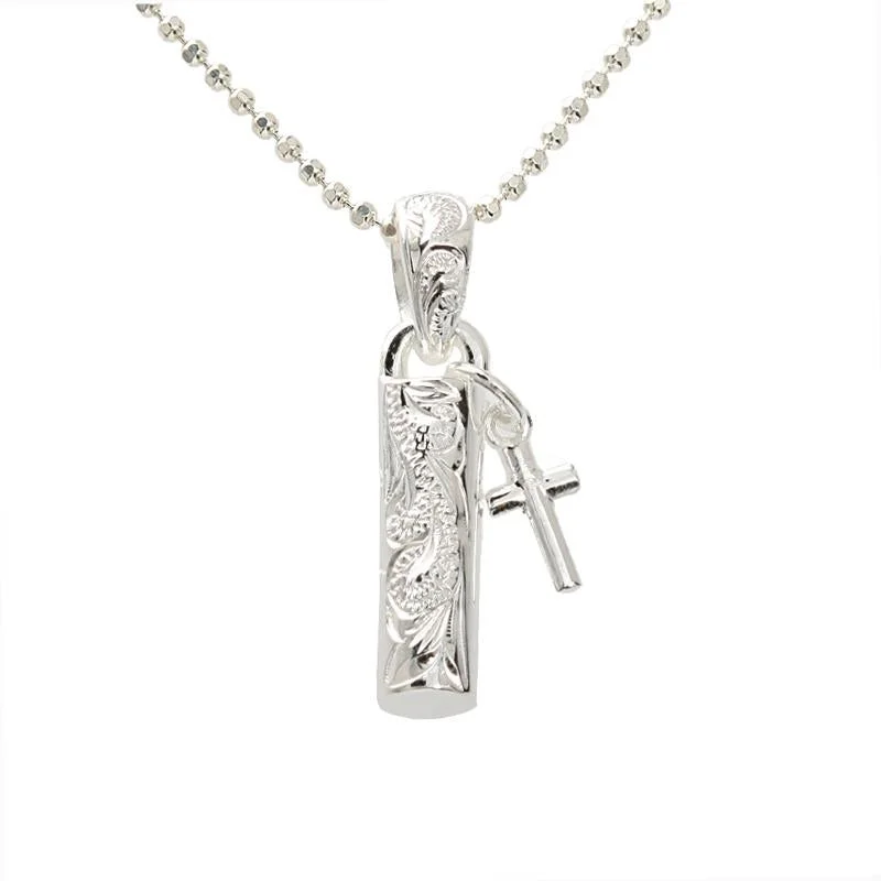 Adjustable length necklaces for versatilitySterling Silver Hawaiian Scroll Tube with Cross Pendant (Chain Sold Separately) Adjustable length necklaces for versatilitySterling Silver Hawaiian Scroll Tube with Cross Pendant (Chain Sold Separately)
