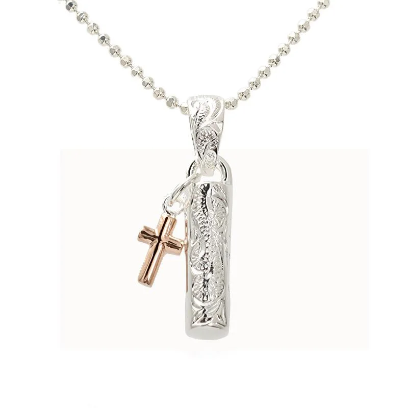 Layered chain necklaces for everyday wearSterling Silver Two Tone Pink Gold Plated Hawaiian Scroll Tube with Cross Pendant (Chain Sold Separately) Layered chain necklaces for everyday wearSterling Silver Two Tone Pink Gold Plated Hawaiian Scroll Tube with Cross Pendant (Chain Sold Separately)