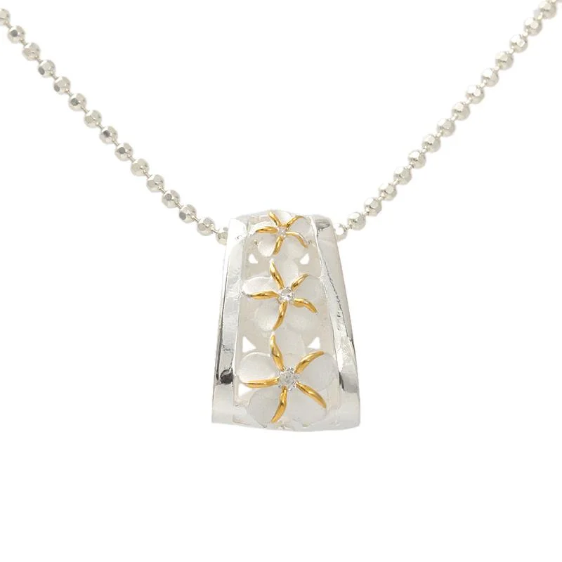 Animal-shaped pendants for nature enthusiastsSterling Silver Two Tone Yellow Gold Plated 3 Plumeria with CZ Oval Barrel Pendant (Chain Sold Separately) Animal-shaped pendants for nature enthusiastsSterling Silver Two Tone Yellow Gold Plated 3 Plumeria with CZ Oval Barrel Pendant (Chain Sold Separately)